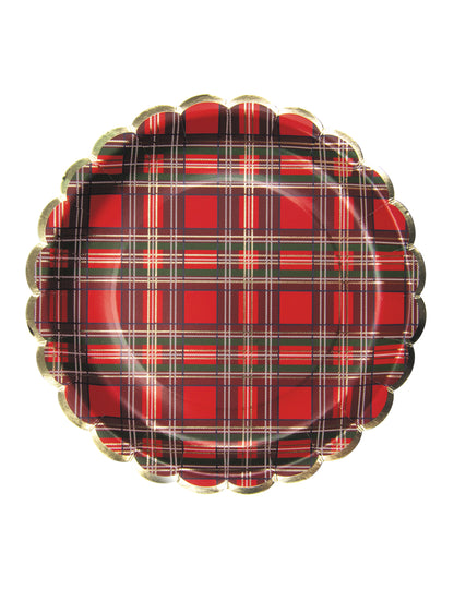 Assiettes festonnées en carton tartan de Noël pour table rouge et bordure dorée
