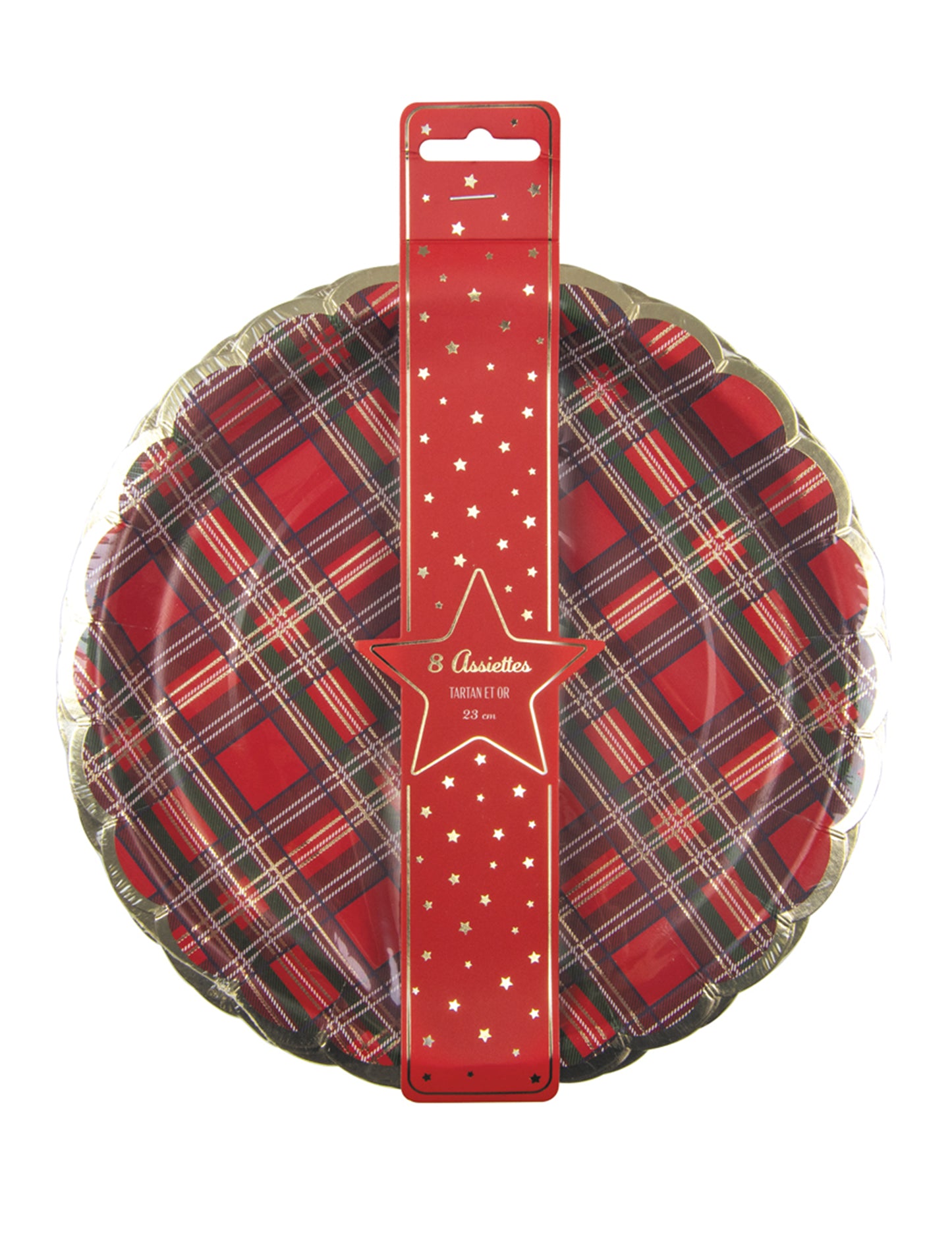 Vue de l'emballage des assiettes festonnées en carton tartan de Noël