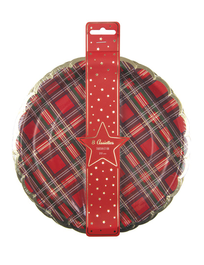 Vue de l'emballage des assiettes festonnées en carton tartan de Noël