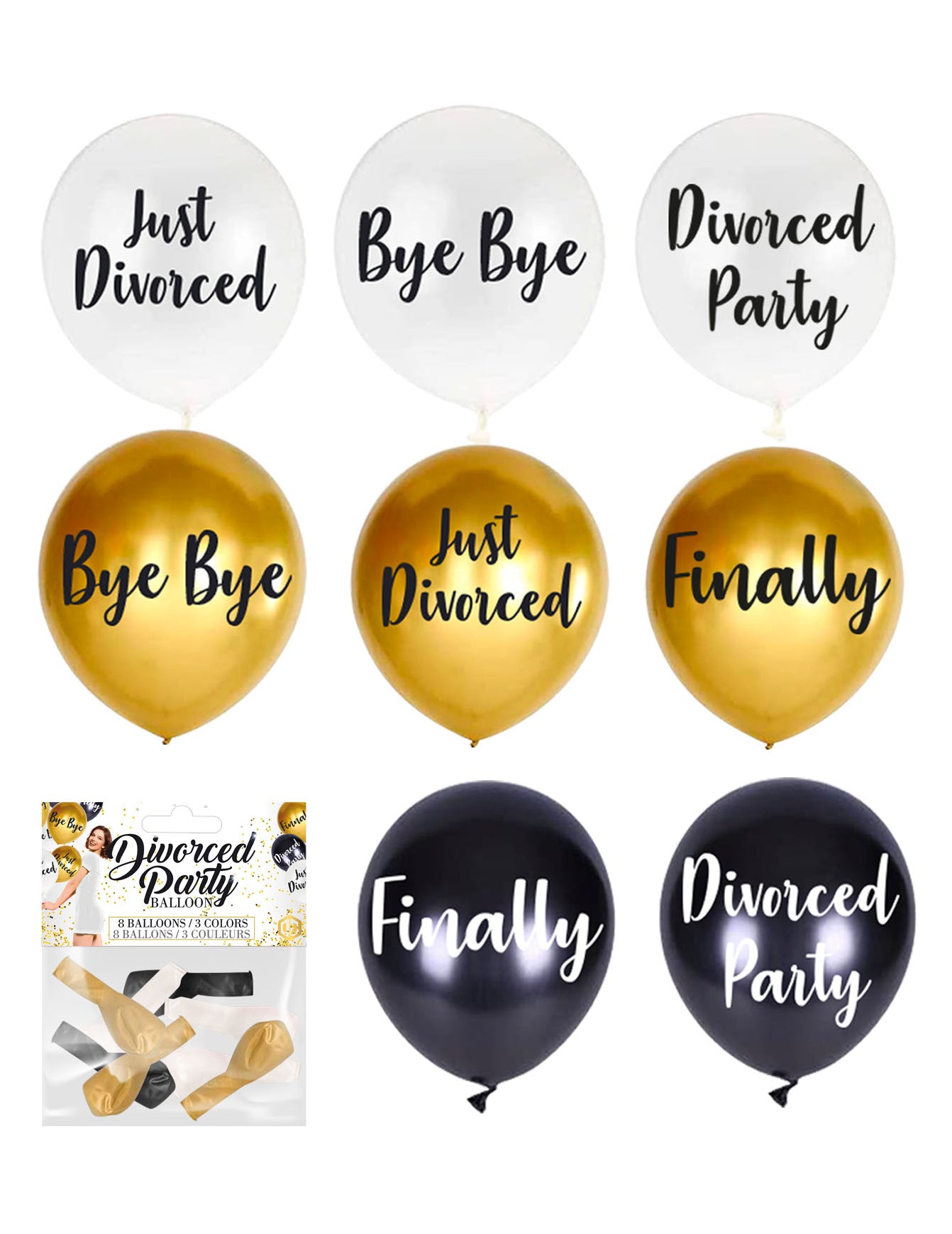 8 rozvedených párty balónků černé bílé zlato