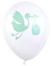 Ballons en latex motif cigogne pour baby shower blanc et vert