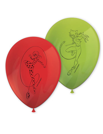 Ballons en latex Miraculous Ladybug pour enfant rouges et verts avec Ladybug et Chat Noir