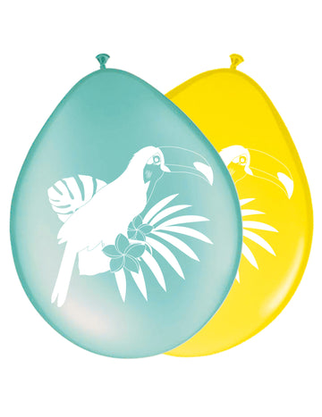 8 žlutých a modrých tukanových latexových balónků 30 cm pro tropickou výzdobu