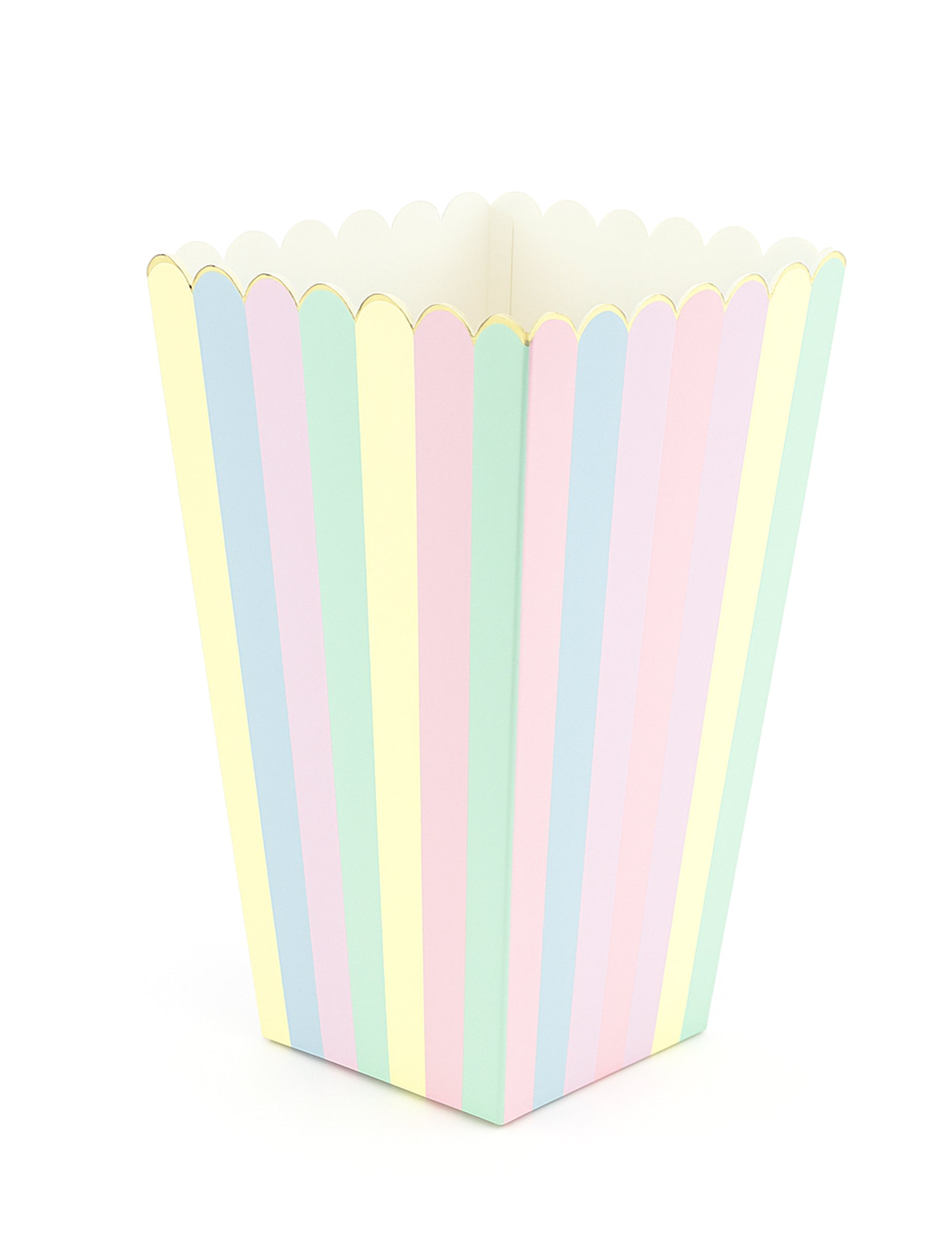 Boîte à pop corn arc-en-ciel et or pour fête à rayures pastel en carton