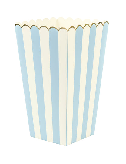 8 pastelově modrých a zlatých krabiček na popcorn v pruhovaném kartonu