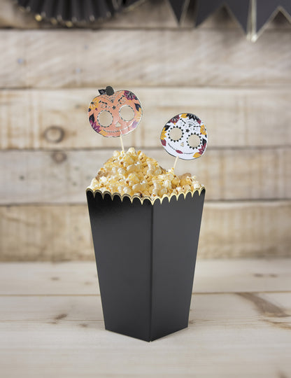 8 černých a zlatých krabiček na popcorn 12,5 x 7 cm vroubkovaný