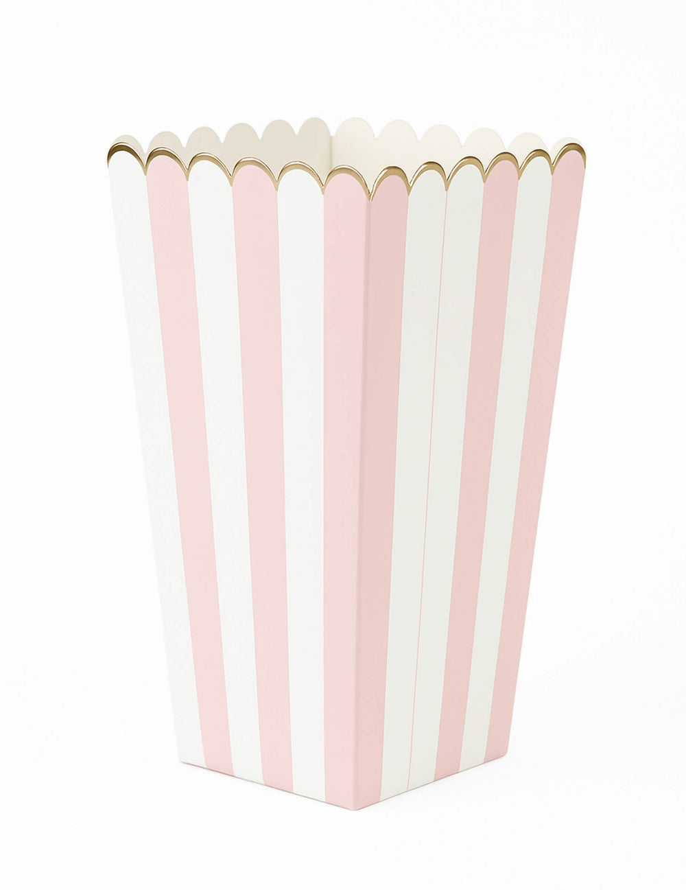 Boîtes à pop corn à rayures pour fête rose pastel et blanc avec bordure dorée