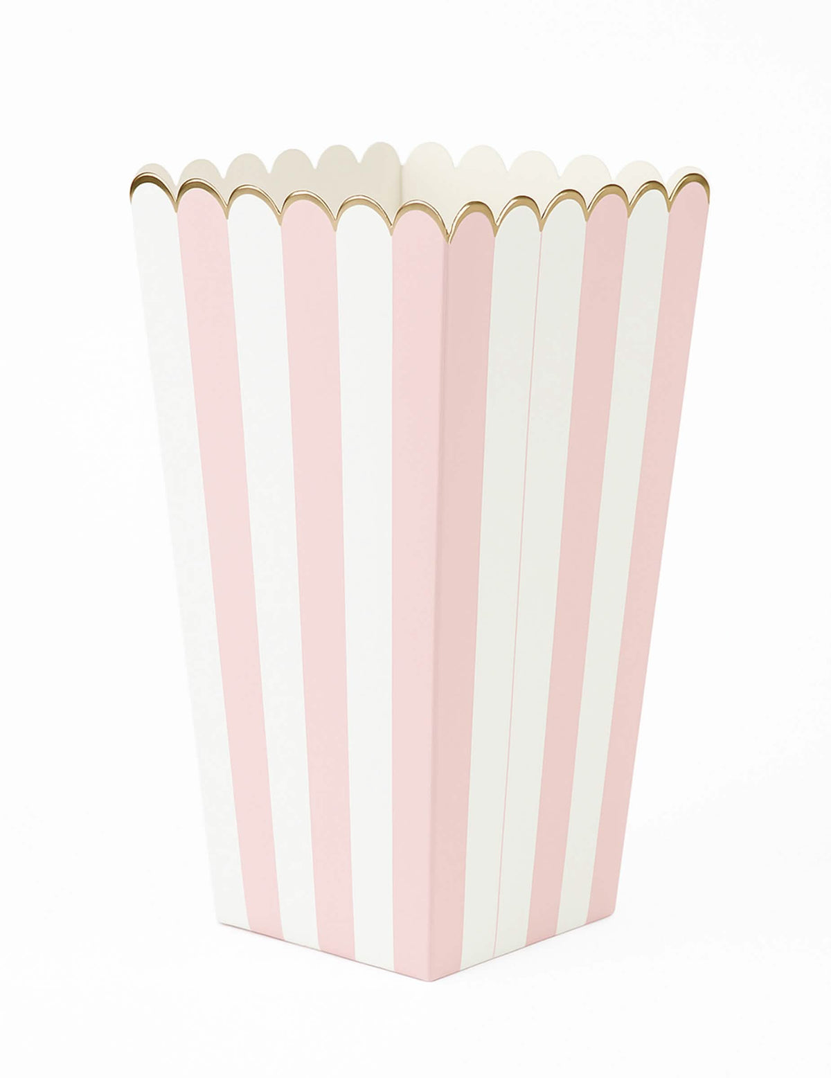 Boîtes à pop corn à rayures pour fête rose pastel et blanc avec bordure dorée