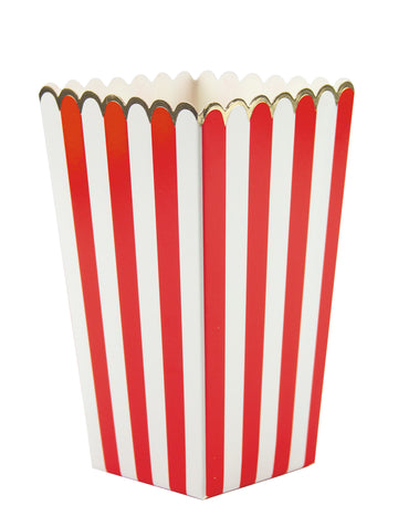 8 červenobílých krabiček na popcorn s pruhy a zlatým lemováním