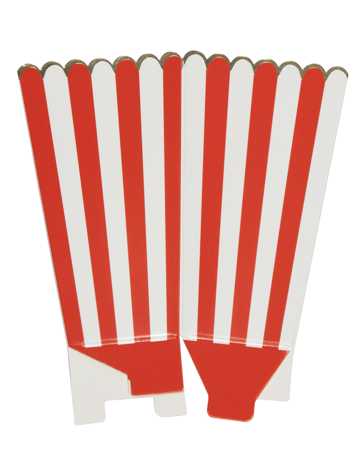 Vue à plat des boîtes à popcorn à rayures pour fête rouges et blanches avec liseré doré
