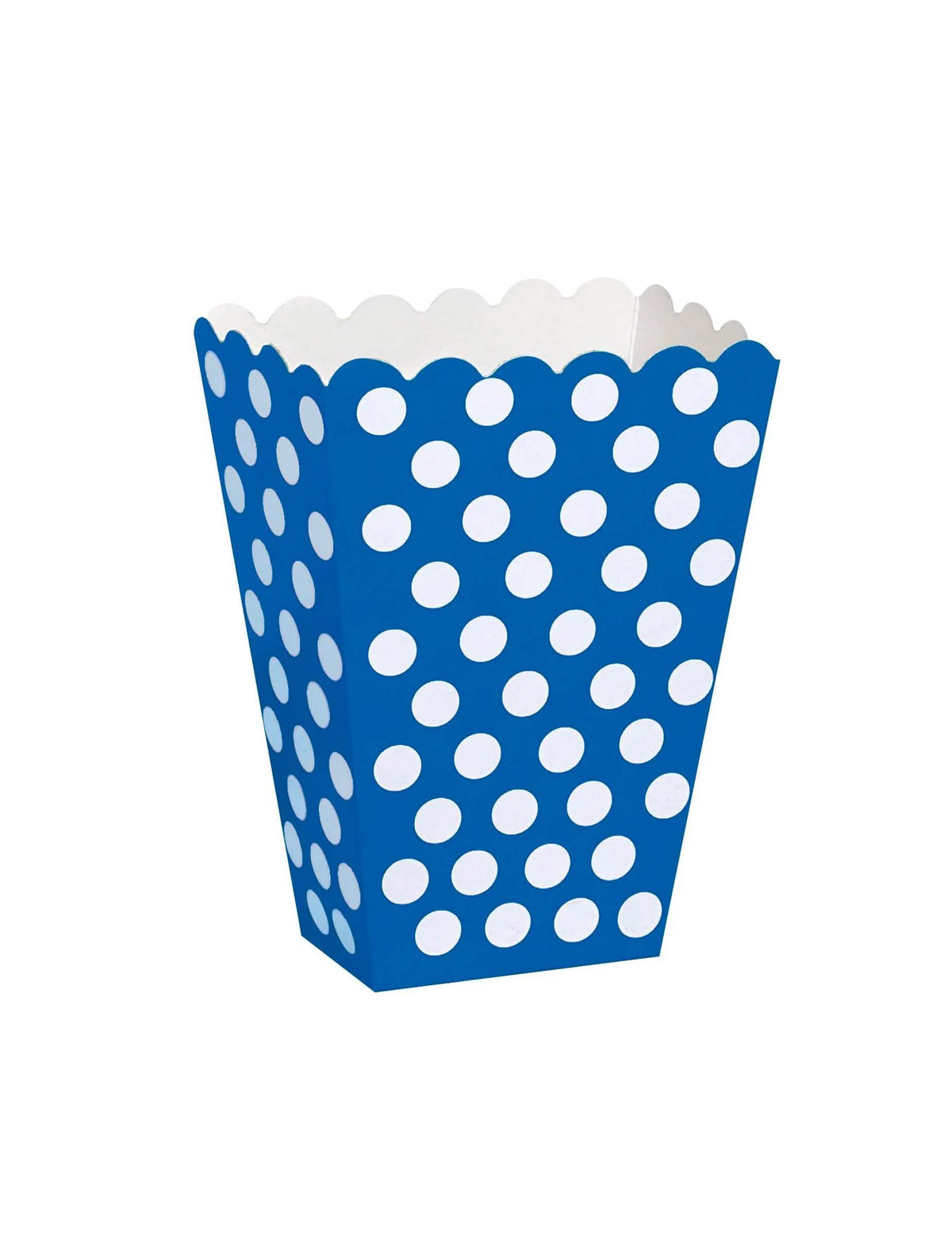 Krabičky na popcorn s bílými puntíky na modrou párty z kartonu