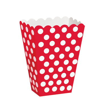 8 červených krabiček popcornu s bílými puntíky