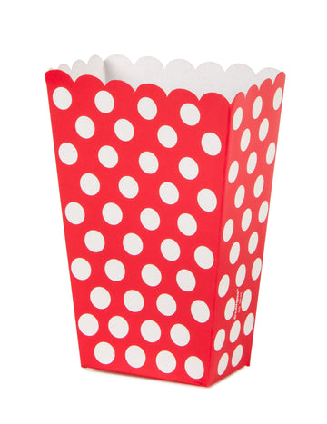 8 červených krabiček na popcorn s bílými puntíky v kartonu
