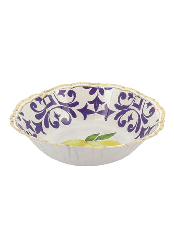 8 kartonových misek na citron v královské modré, žluté, bílé a zlaté 13,5 cm středomořským květinovým vzorem