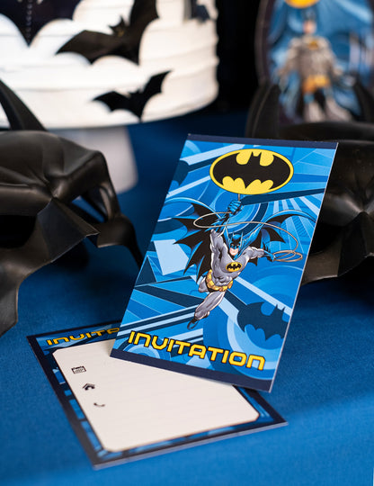 Cartes d'invitation Batman pour enfant bleues avec enveloppes