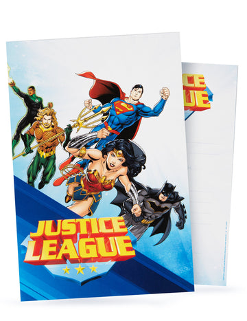 Cartes d'invitation avec enveloppes Justice League bleues avec super-héros