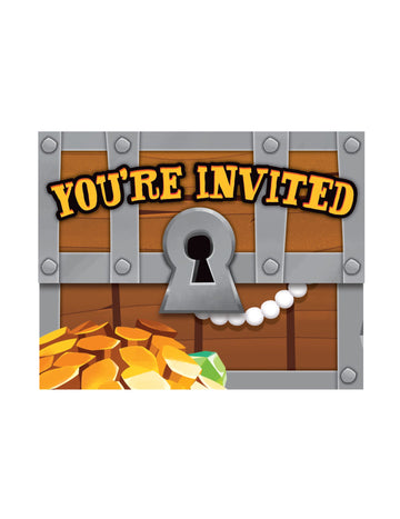 8 pozvánek s obálkami ve tvaru pirátské truhly s pokladem