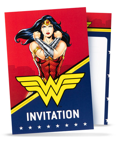 Cartes d'invitation avec enveloppes Wonder Woman pour enfant rouge et bleue