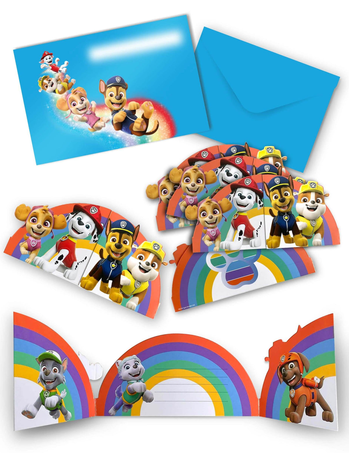 Cartes d'invitation et enveloppes Pat' Patrouille pour enfant bleues et multicolores avec arc-en-ciel