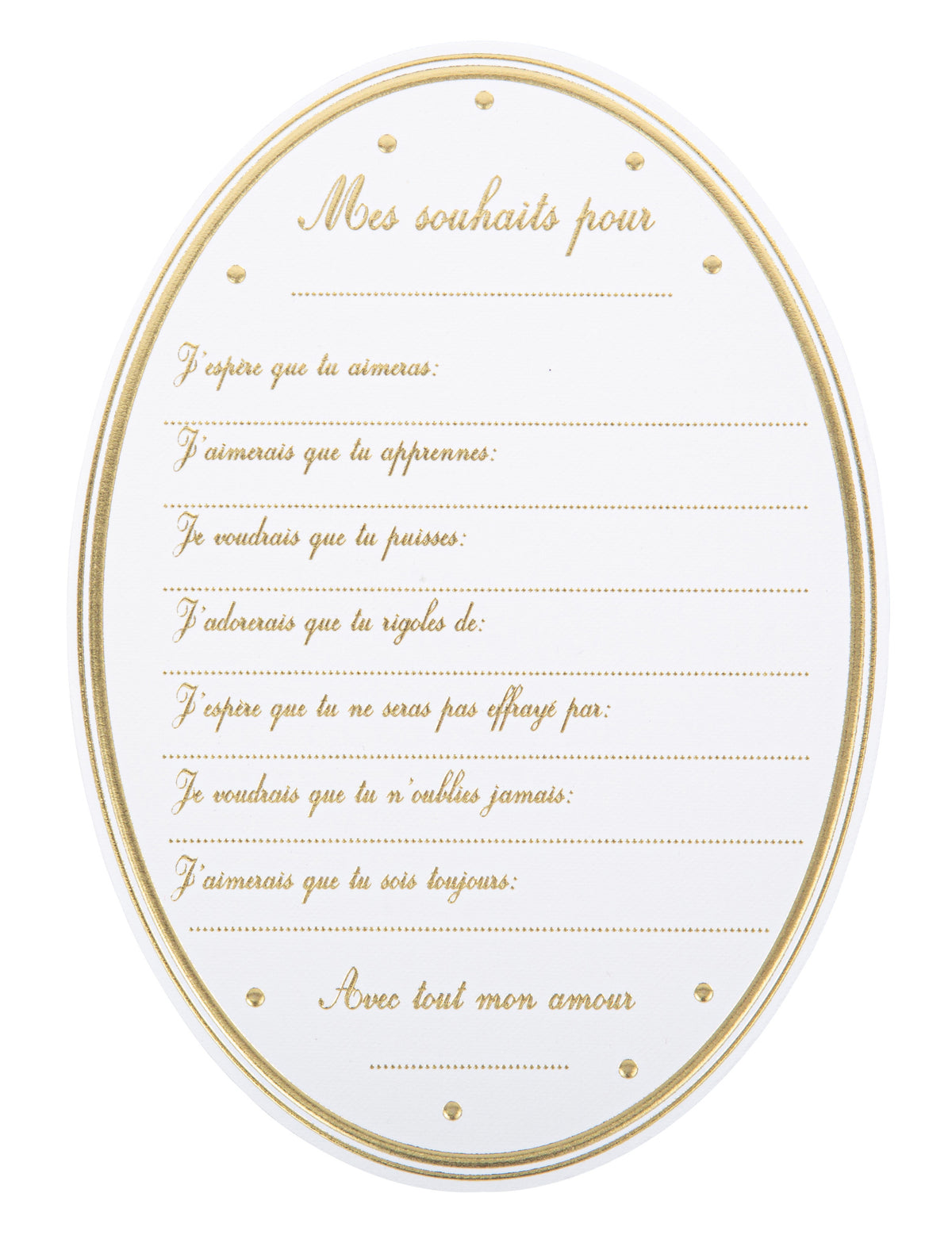 Cartes de souhaits baby shower pour fête blanches et dorées forme médaillon