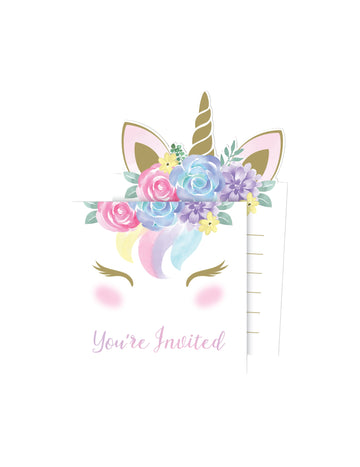Cartons d'invitation avec enveloppes licorne féerique pour enfant aux couleurs pastel et fleurs