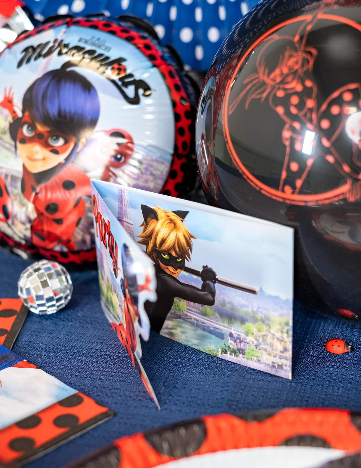 Detail ilustrace kočky černá na party pozvánkách s obálkami Ladybug