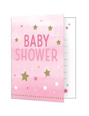 8 růžových pozvánek na miminko One Little Star 10 x 12 cm se zlatými hvězdami