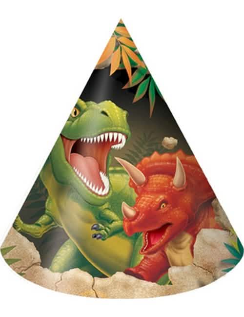 Kartonové párty klobouky Dinosauři k narozeniny s T-Rexem a Triceratopsem