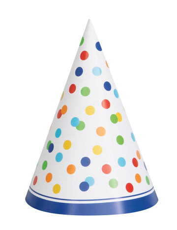 Chapeau de fête Happy Birthday pois colorés blanc et multicolore en carton avec élastique