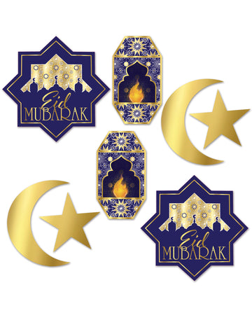 8 modrých a zlatých kartonových dekorací Eid Mubarak, měsíčků a luceren