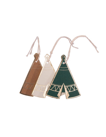 8 kartonových štítků teepee Indický lesní kraft zelené slonovinové zlacení provázkem