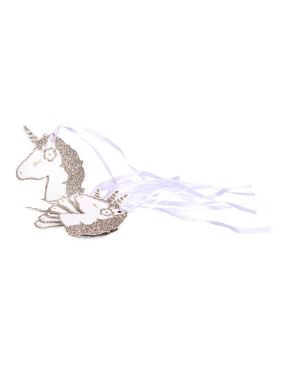 Étiquettes licorne pour fête champagne pailleté avec liens satin blanc
