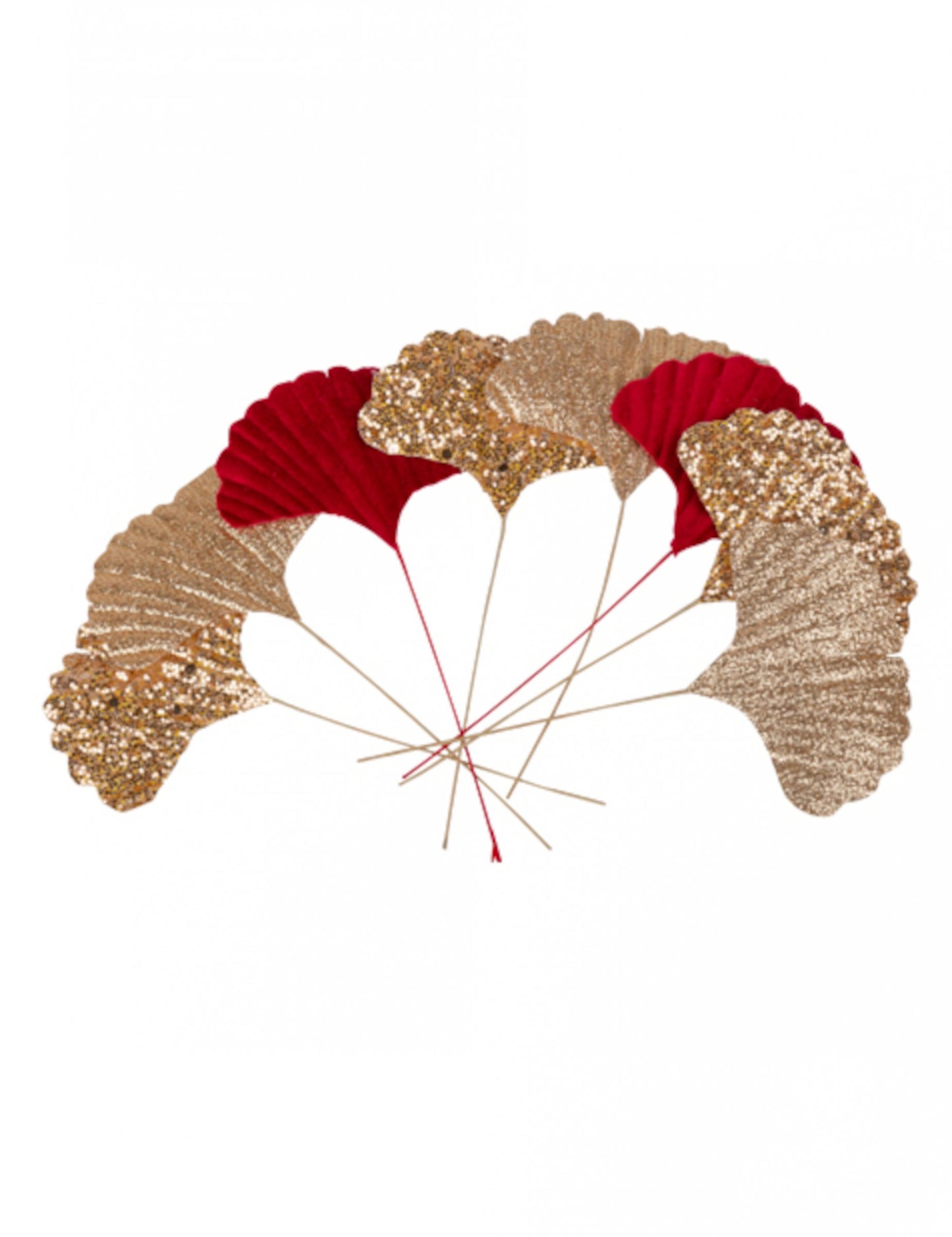 8 červených a zlatých listů ginkgo 5 x 7 cm sametový a flitrový efekt