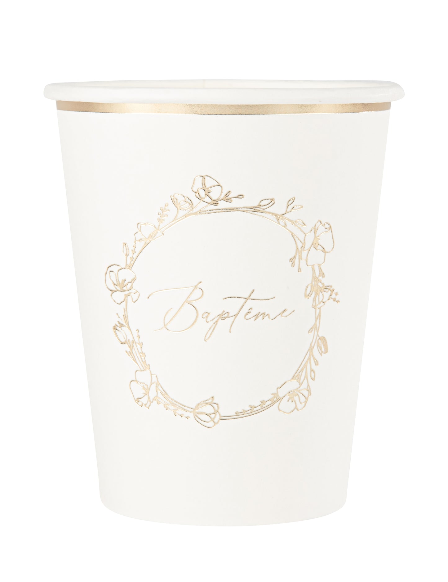 Gobelets en carton baptême blanc et fleurs dorées
