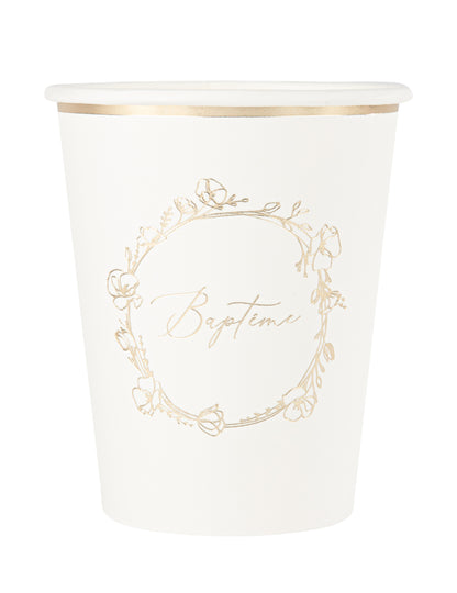 Gobelets en carton baptême blanc et fleurs dorées