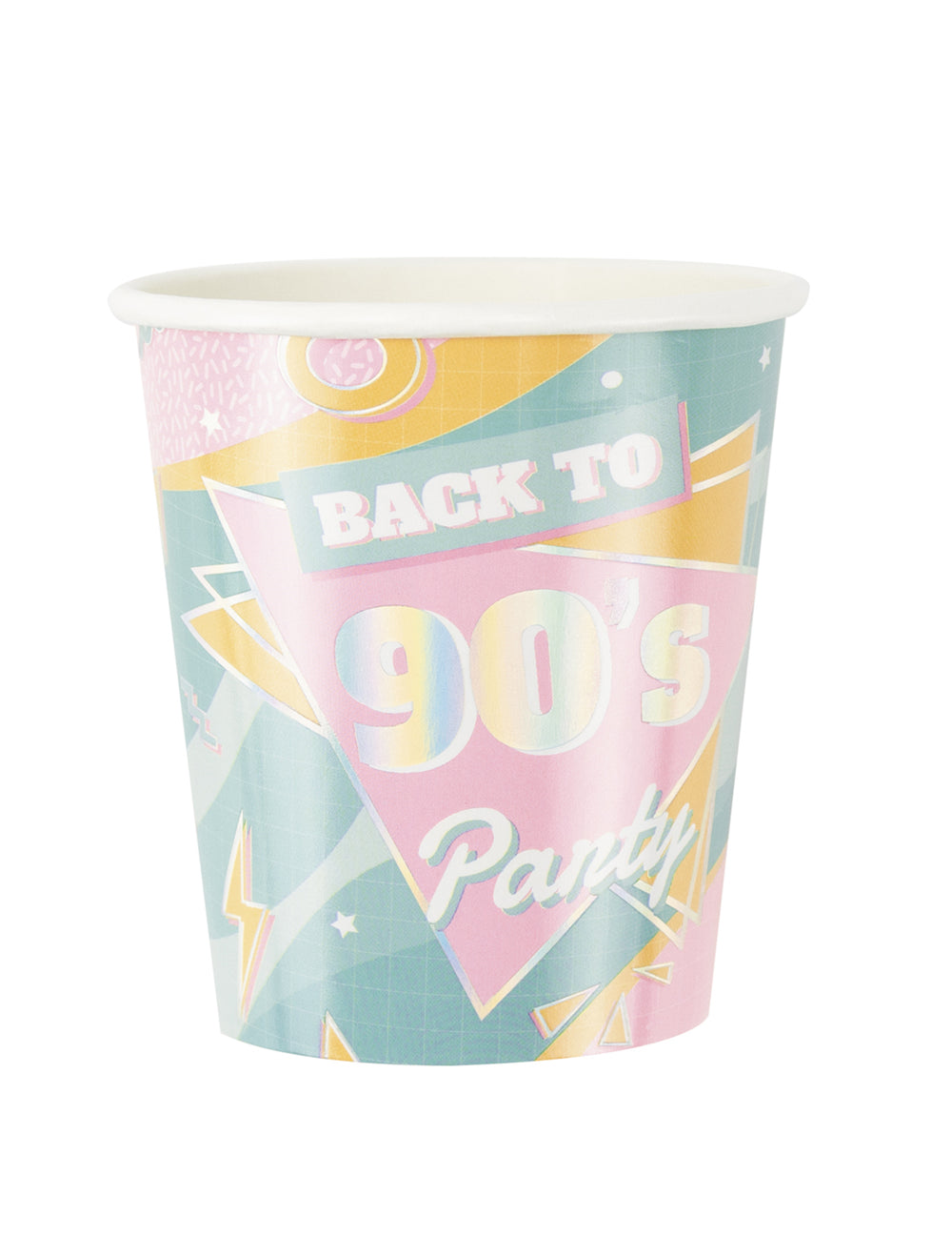 Gobelets en carton années 90 pour fête aux couleurs pastel et motifs géométriques
