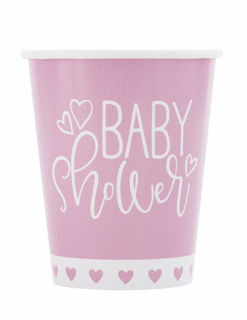 8 růžových a bílých kartonových kelímků pro miminka 266 ml se srdíčkovými vzory