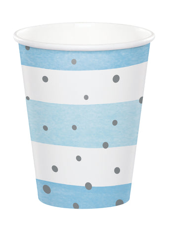 8 modrobílých papírových kelímků se stříbrnými puntíky 256 ml s proužky
