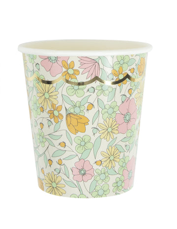 8 ošuntělých zlatých vroubkovaných kartonových kelímků 200 ml liberty flowers