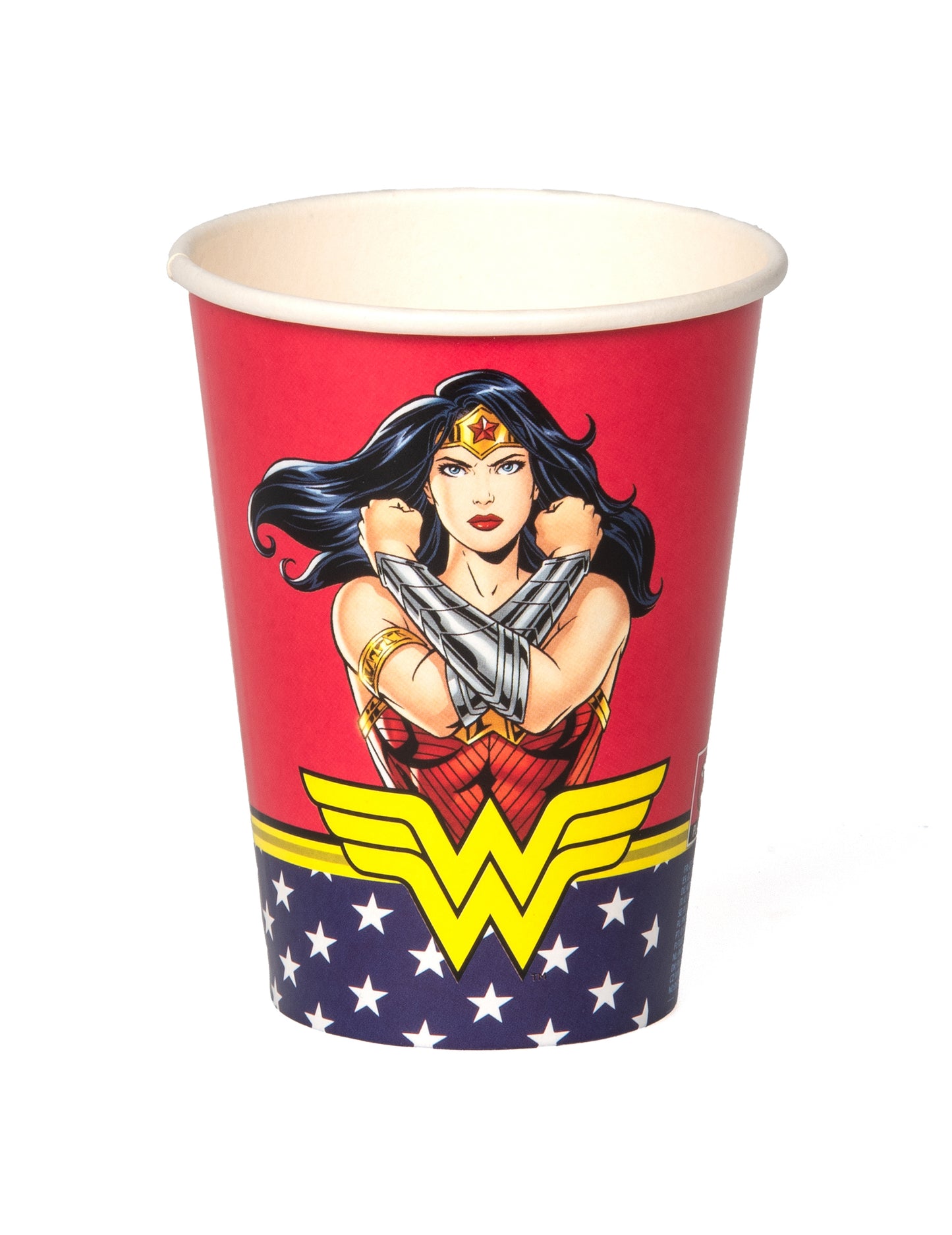8 Gobelets en carton Wonder Woman pour fête rouges et bleus avec motif étoiles