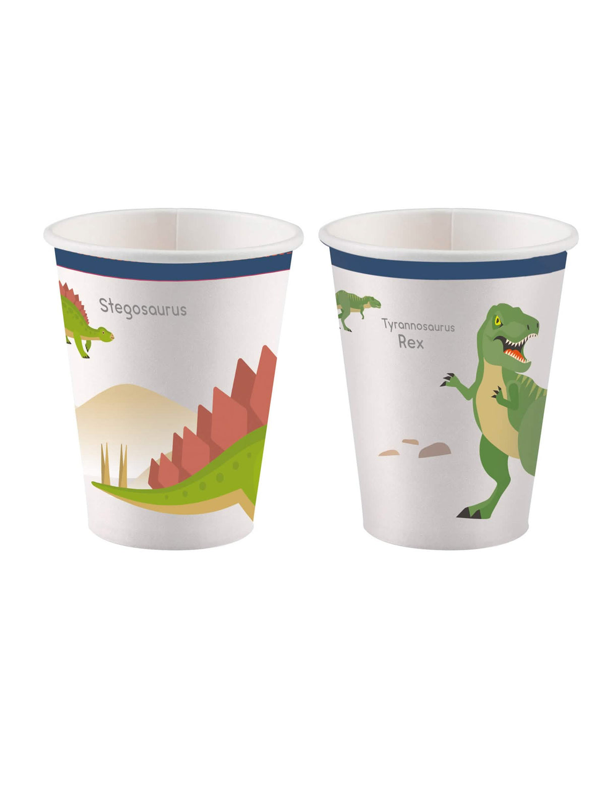 Velké papírové kelímky s dinosaury na narozeniny dítěte bílé s T-Rexem a stygosaurem