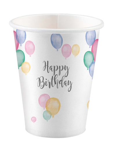 Gobelets en carton Happy Birthday ballons pour fête pastel