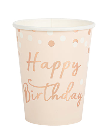 8 papírových kelímků s růžovo-zlatými konfetami Happy Birthday 255ml