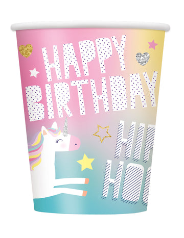8 kartonových kelímků Happy Birthday Unicorn Party 270 ml na oslavu 
