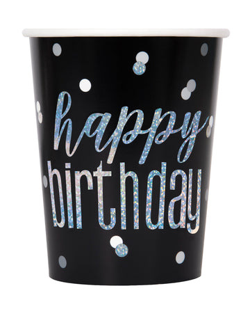 8 černých a šedých kartonových kelímků k narozeninám 270 ml lesklé konfety