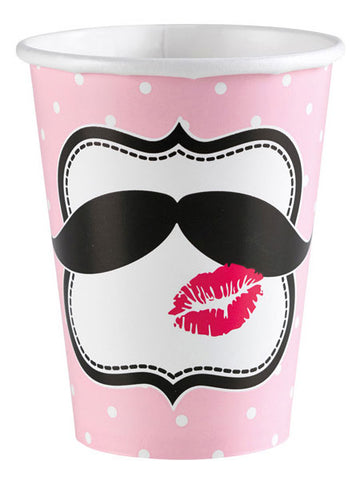 8 kartonových kelímků s růžovým knírkem a puntíky 