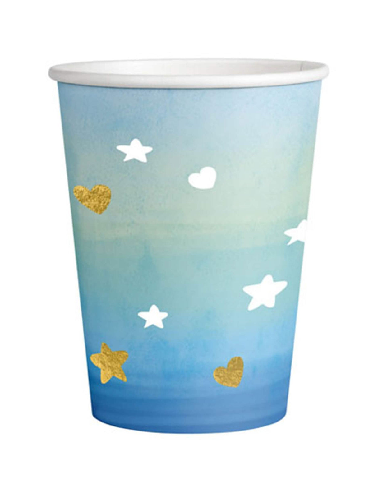 Papírové kelímky Oh Baby na baby shower modrá a zlatá s cœurs a hvězdami zlatá