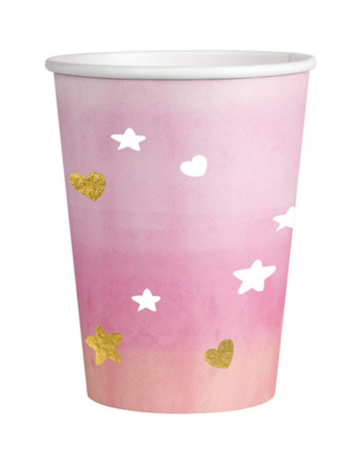 Papírové kelímky oh baby pro baby shower růžová a zlatá s motivy hvězdiček a srdcí