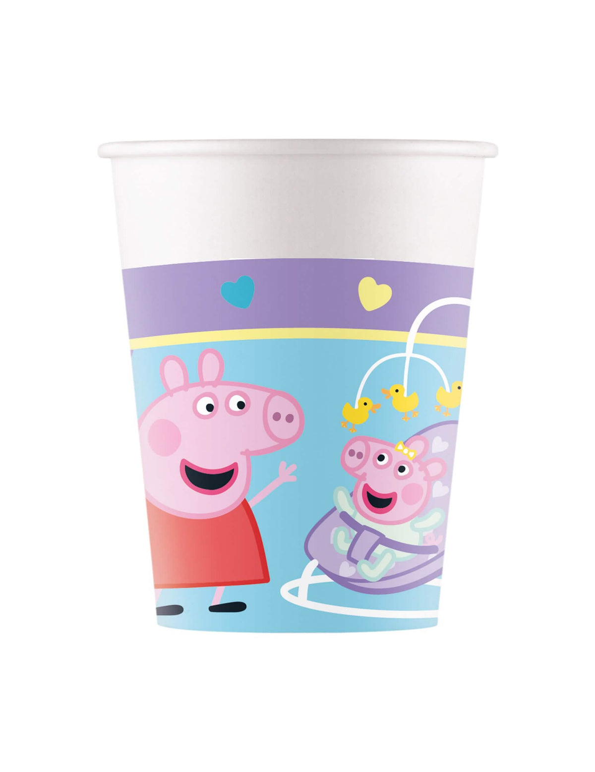Papírové kelímky Prasátko Peppa pro dítě modrá a fialová s ilustrovanými motivy