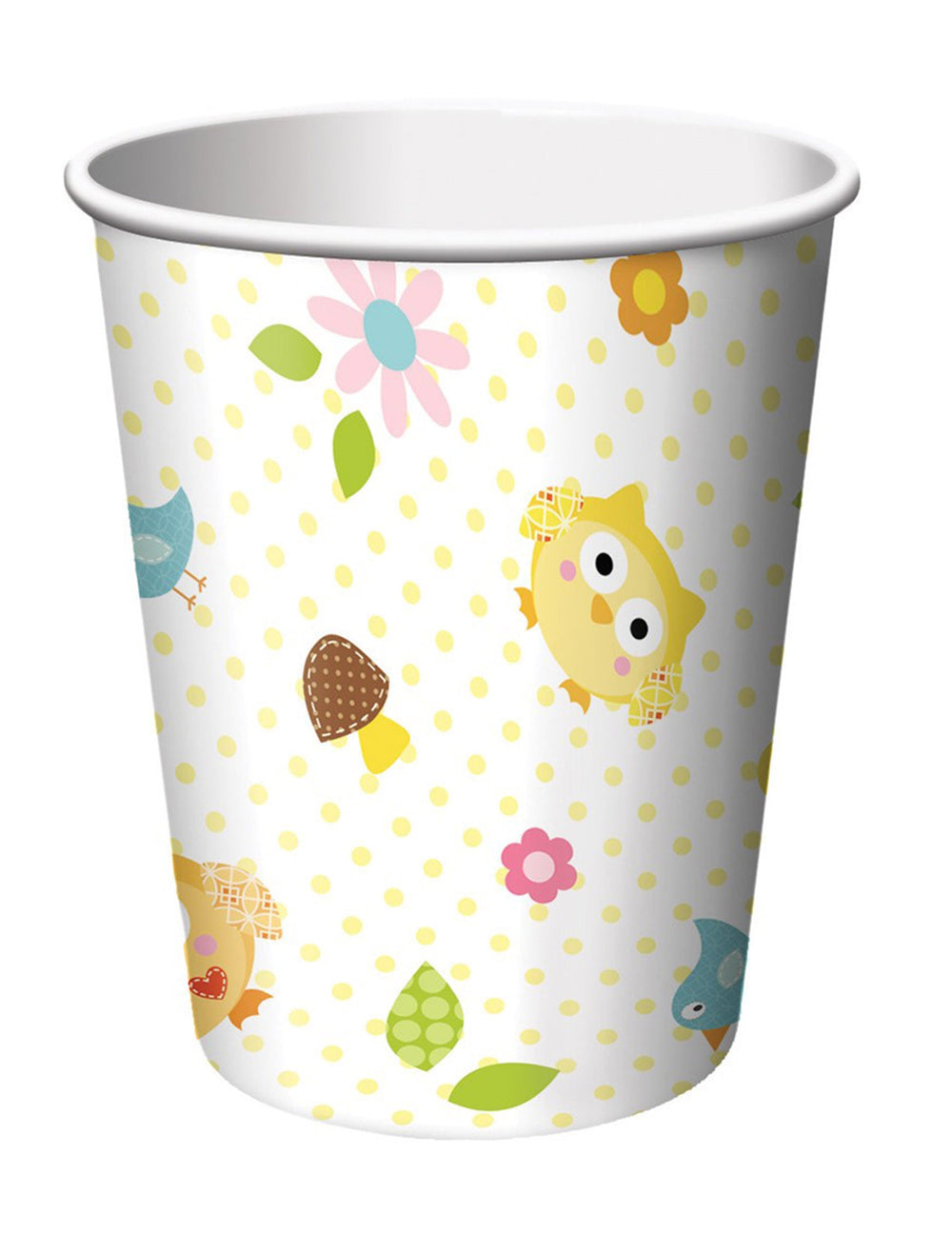 Gobelets en carton petits hiboux pour anniversaire blanc à pois jaunes et fleurs